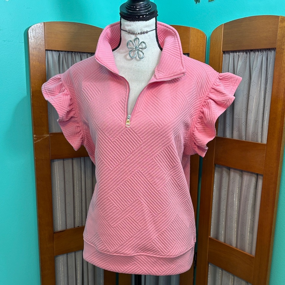 Ruffled Sleeve Pink Half-Zip Women's Sweatshirt